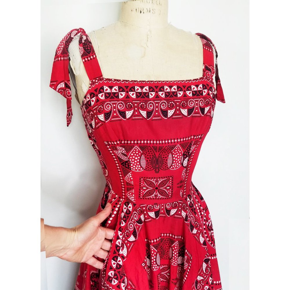 1940s / 1950s RARE TRUE Vintage Novelty Bandana Print Cotton Dress RED Elephant - Picture 5 of 8